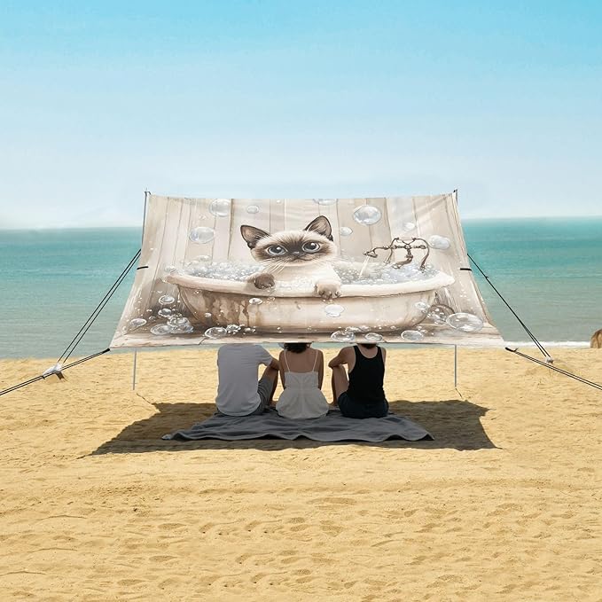 Camping Sun Shelters Siamese Cat Taking Shower Beach Canopy 126 * 110.2in