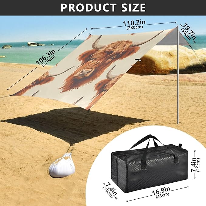Highland Cows Beach Tent Sun Shelter 9.2' x 10.5' Beach Canopy with 4 Sandbags 4 Stability Poles Sand Shovels - Tent Canopy for Beach Camping Fishing Picnics