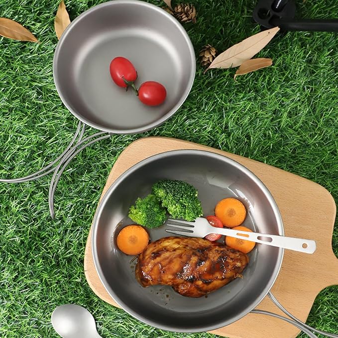 Camping Frying Pan Ultralight Titanium Outdoor Cookware for Hiking Backpacking Portable Folding Handle Mess Kit Skillet (700ml/1200ml)