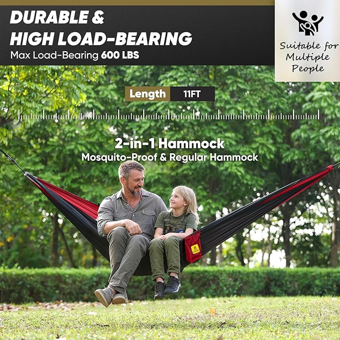 Camping Hammock with Mosquito Net 600 lbs Portable Hammock with Tree Straps2-in-1 Double/Single Travel hammocks Tent for Outside/Indoor/Backpacking/Beach-Black&ampRed