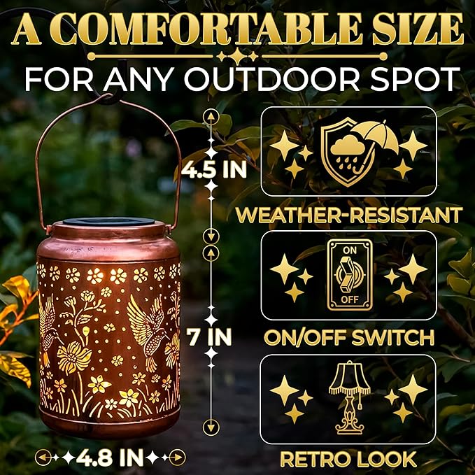 Hummingbird Lantern Lights – Vintage Metal Garden Outdoor Lanterns | Warm LED Glow for Yard Patio and Balcony Decoration | Hummingbird Gifts for Women Mom &amp Grandma