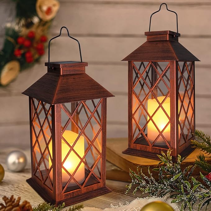 [2 Pack] TAKE ME 14 Solar Lantern Outdoor Garden Hanging Lantern Waterproof LED Flickering Flameless Candle Mission Lights for TableOutdoorChristmas Gifts Mom Wife