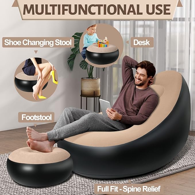 Inflatable Chair with Ottoman Inflatable Couch for Adults with Flocked Surface Comfortable Blow Up Air Chair Waterproof Portable Air Sofa Inflatable Couch for Camping(Brown) (Without Pump)