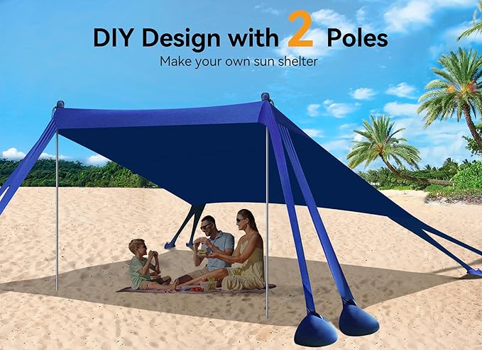 Beach Tent Beach Canopy Sun Shade with UPF50+ UV Protection 10x10ft Includes 8 Sandbags Sand Shovel Ground Pegs &amp 4 Stability Poles Pop Up Sun Shelter for Camping Picnics Backyard Fun