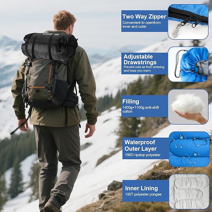 2-in-1 Detachable Sleeping BagWaterproof 4-Season Adult Sleeping Bags w/Removable Cotton Liner – Converts to 2 Lightweight Bags for Camping Hiking Travel