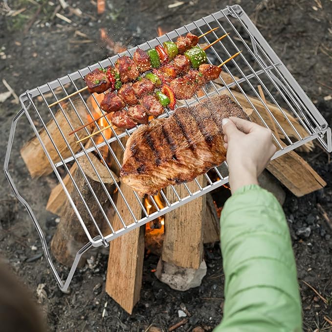 ZORMY 13 Folding Campfire Grill 304 Stainless Steel Firepit Grill Grate Heavy Duty Portable Camping Grill with Carrying Bag Gas BBQ Grill Grate for Backpacking Hiking Picnics (Medium)