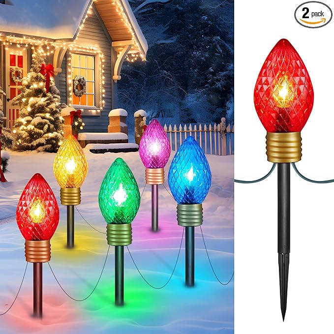 Brightown Strawberry Jumbo C9 Christmas Pathway Lights OutdoorChristmas Outside Decoration Lawn8.5Ft 5 LED String Lights Covered Jumbo Multicolored Walkway Light Bulb for Holiday Outside Yard Decor