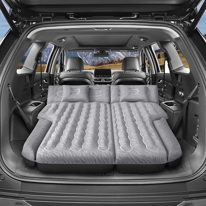 Inflatable SUV Air Mattress: Double-Sided Flocking Car Mattresses for Back SUV Travel Camping Sleeping Bed with Air Pump 2 Pillows
