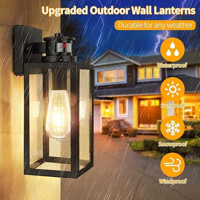 2-Pack Motion Sensor Outdoor Lights Upgrade Dusk to Dawn Wall Mount Light Fixtures Motion Sensor Wall Lights for Outside House Porch Garage Exterior Black Wall Lanterns Sconce with Clear Glass