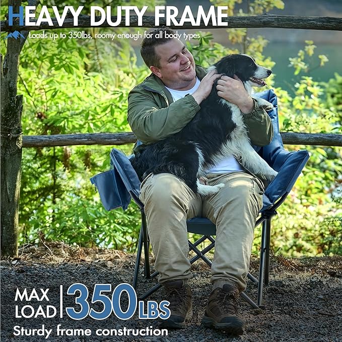 Portal Oversized Padded Camping Chair - Heavy Duty Folding Chair with Cup Holder &amp Side Pocket Supports 350 lbs for Camping Lawn Sports Blue