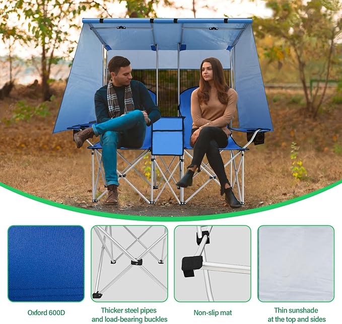 ptlsy Double Camping Chair with Canopy Folding Two-Person Seat Portable Outdoor Loveseat with Shade Folding Chairs for Beach Lawn and Outdoor Activities (Blue)