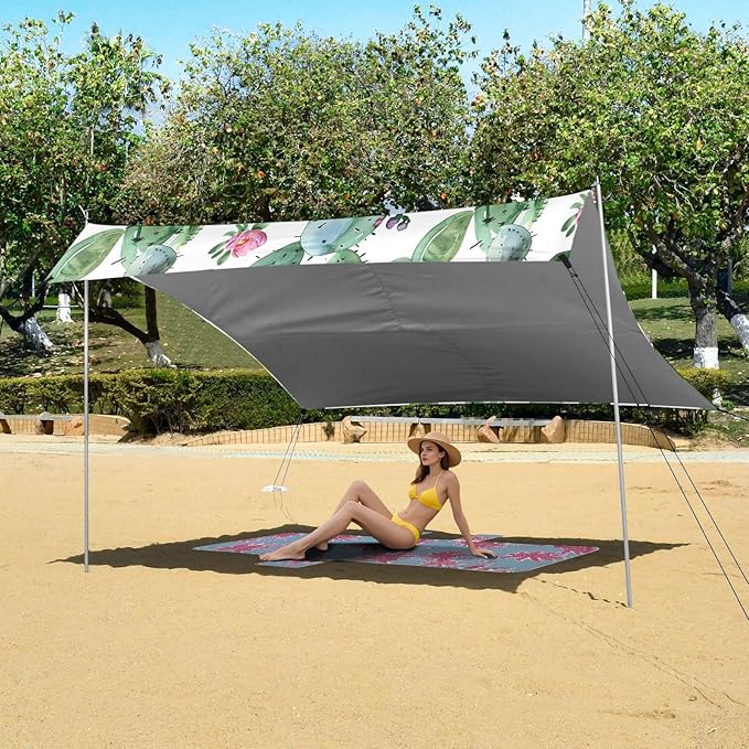 Cute Cactus Beach Tent Sun Shelter 9.2' x 10.5' Beach Canopy with 4 Sandbags 4 Stability Poles Sand Shovels - Tent Canopy for Beach Camping Fishing Picnics