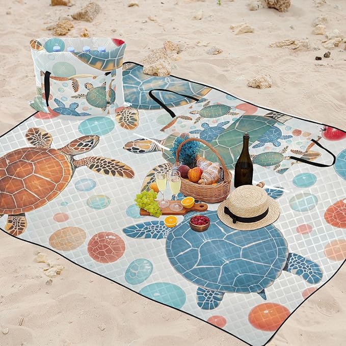KLL Blue Red Turtle Waterproof Beach Accessories Packable Camping Party Foldable Mat for Grass Couples Gift esterillas de playa
