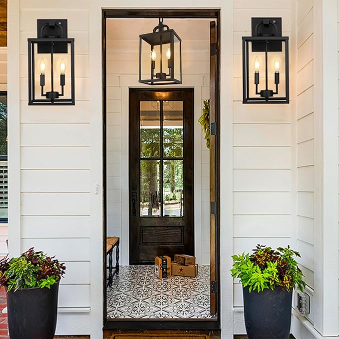 Large Outdoor Indoor Pendant Light 2-Light Modern Black Metal Outside Chandelier Exterior Hanging Fixture Ceiling Mount with Clear Glass Shade for Front Porch Entrance Foyer Entryway (Bulb Included)