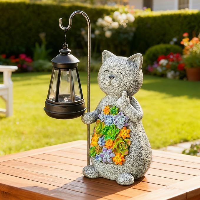 Solar Cat Garden Statue with Succulent Decor Hanging Lantern – Waterproof Resin Outdoor Figurine for Yard Patio Balcony – Gift for Cat Lovers Gardeners