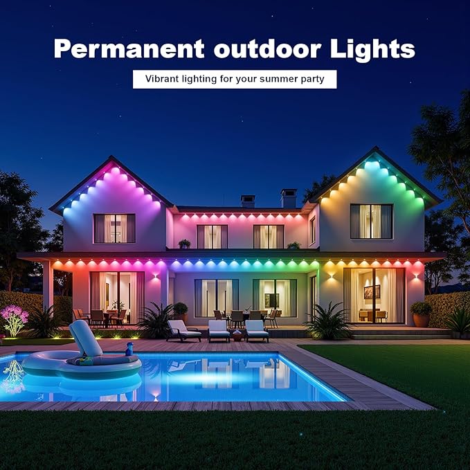 Permanent Outdoor Lights Outdoor Lights100ft with 60 RGBIC LED Lights for Daily and Accent Lighting APP/Remote Control Outdoor Decor Modes IP67 Waterproof White