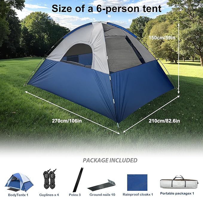 XL Tent 6 Person Dome Camping Tent Double Layer Waterproof Removable Rain Fly for Outdoor Hiking Fishing (6 People Blue)