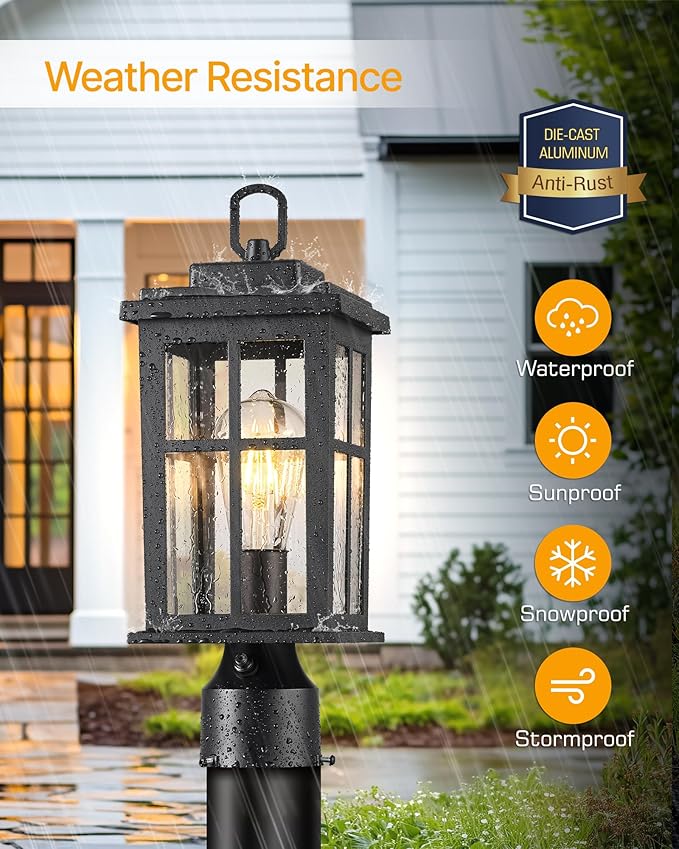 2 Pack Outdoor Post Lights Black Dusk to Dawn Post Lights Outside Waterproof Outdoor Column Lantern for House Garden Doorawy Backyard 100% Aluminum