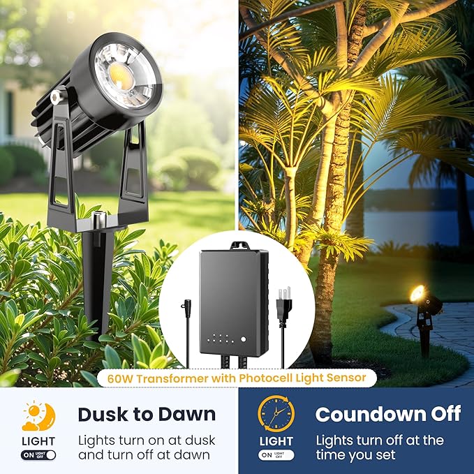 All-in-One Outdoor Low Voltage Landscape Lighting Kit 8 Pack 3000K Landscape Spot Lights with 60W Transformer 65FT Wire Waterproof Low Voltage Landscape Lights for Yard Garden Tree Pathway House