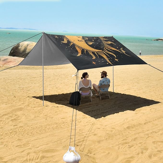 ALAZA Sun Moon Star Yingyang Beach Tent Sun Shelter UPF50+ Protection Beach Shade Canopy w/ 4 Sandbags for Outdoor Camping Fishing Backyard Fun Picnic 10x9 ft