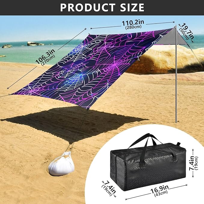 ALAZA Halloween Spider Colorful Beach Tent Sun Shelter UPF50+ Protection Beach Shade Canopy w/ 4 Sandbags for Outdoor Camping Fishing Backyard Fun Picnic 10x9 ft