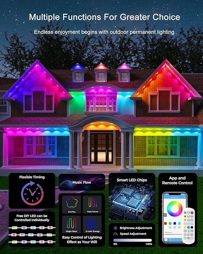 Permanent Outdoor Lights - 100FT Smart AI RGB+IC LED with 72 Lights IP67 Waterproof 75+ Scene Modes Alexa/Google/Remote Control Enabled DIY Music Sync for Christmas Holiday &amp Home Decor Whit