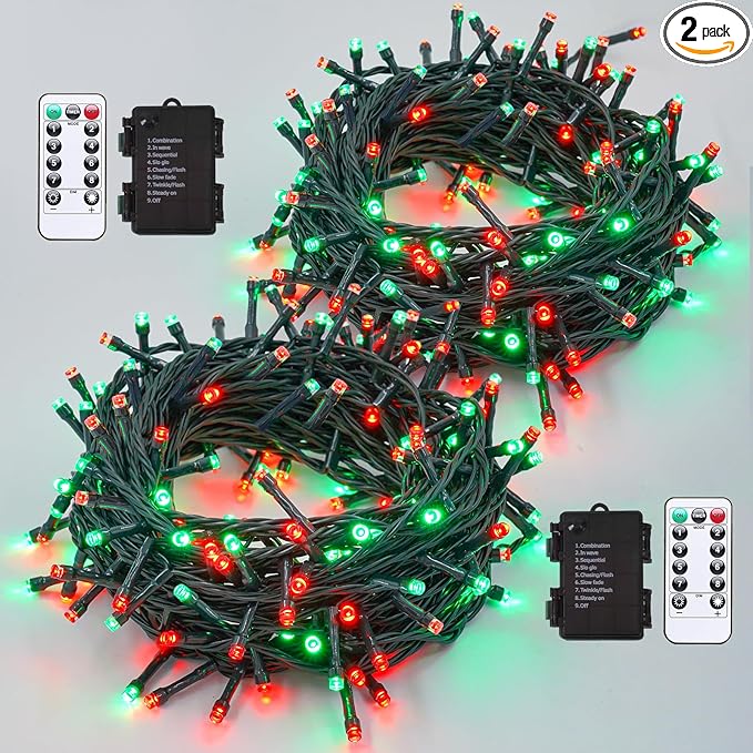 YEGUO Christmas Lights Battery Operated 2 Pack Each 33ft 100 LED Red and Green String Lights Outdoor Waterproof 8 Modes Green Wire Fairy Light Indoor with Remote