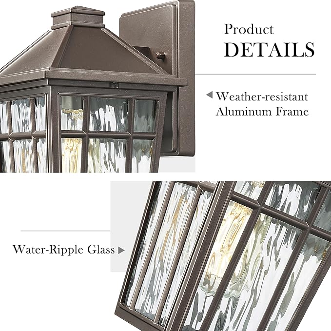 Darkaway Outdoor Sconce Lights Wall Light Fixtures Exterior Porch Light Outdoor Sconce Anti-Rust Waterproof Aluminum Outside Light with Water Ripple Glass for Patio Yard Doorway Garage