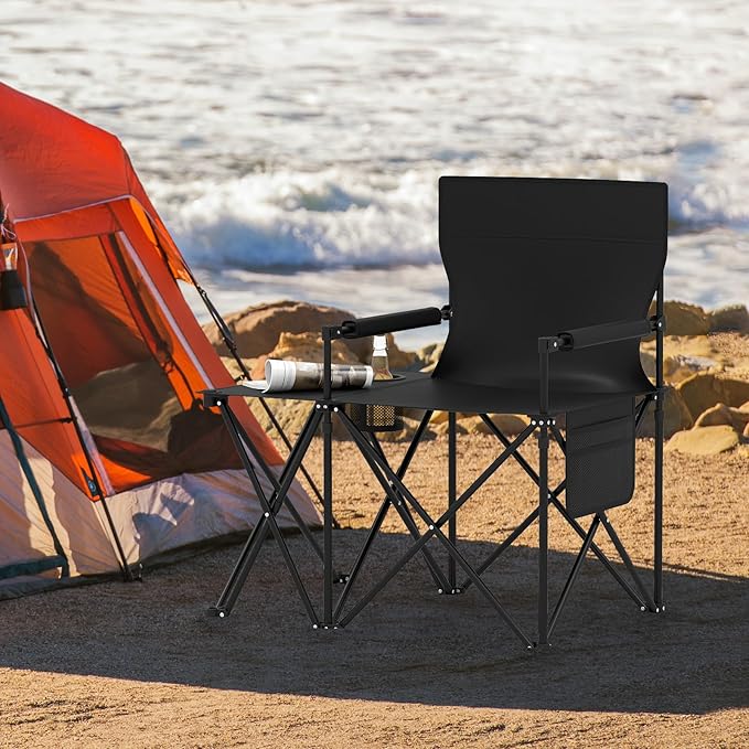 Goplus Oversized Camping Chair with Side Table Folding Heavy-Duty Picnic Chair w/ 2 Storage Pockets Cup Holder Padded Armrests Carrying Bag Portable Outdoor Chair for Fishing RV Trip (Black1)