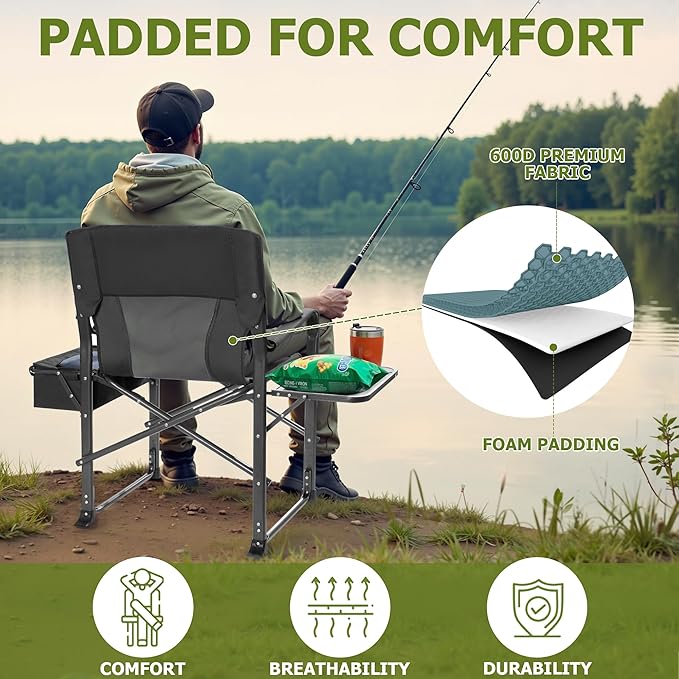 Camping Directors Chairs for Adults Heavy Duty with Table and Cooler Bag Oversized Portable Folding Chair for Beach Fishing Trip Picnic(Breathable Comfort Cushion Black)