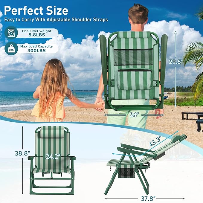 Suteck Backpack Beach Chairs for Adults 2 Pack 6-Position Folding Reclining Chair with Cooler Bag &amp Cup Holder Lightweight Portable Beach Chair for Camping Outdoor Sand Travel Use