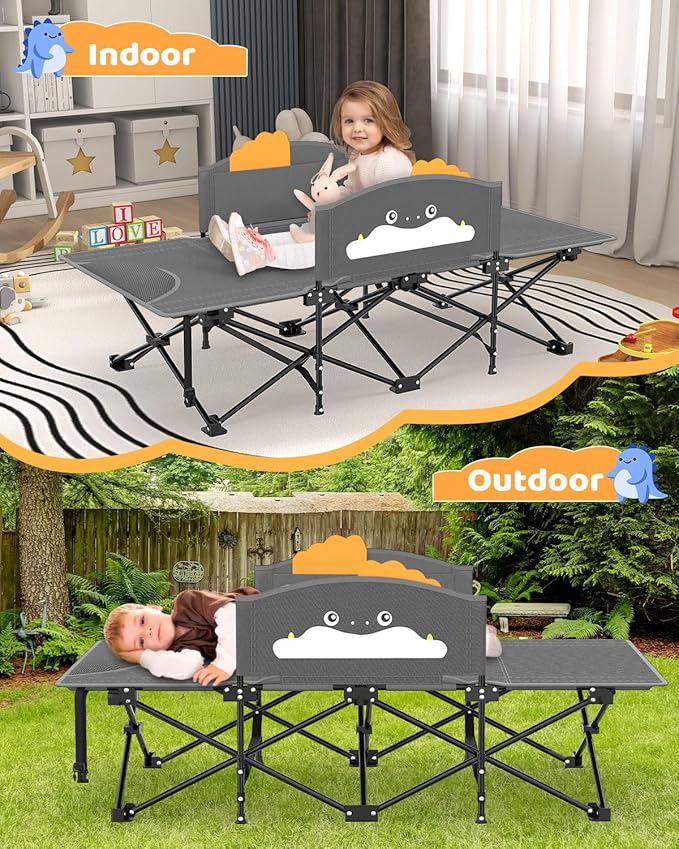 ZENPETIO Kids Camping Cot Foldable Toddler Bed with Safety Rails &amp Glow-in-The-Dark Blanket Sturdy Portable Design for Travel Indoor Outdoor Cot for Toddlers Kids