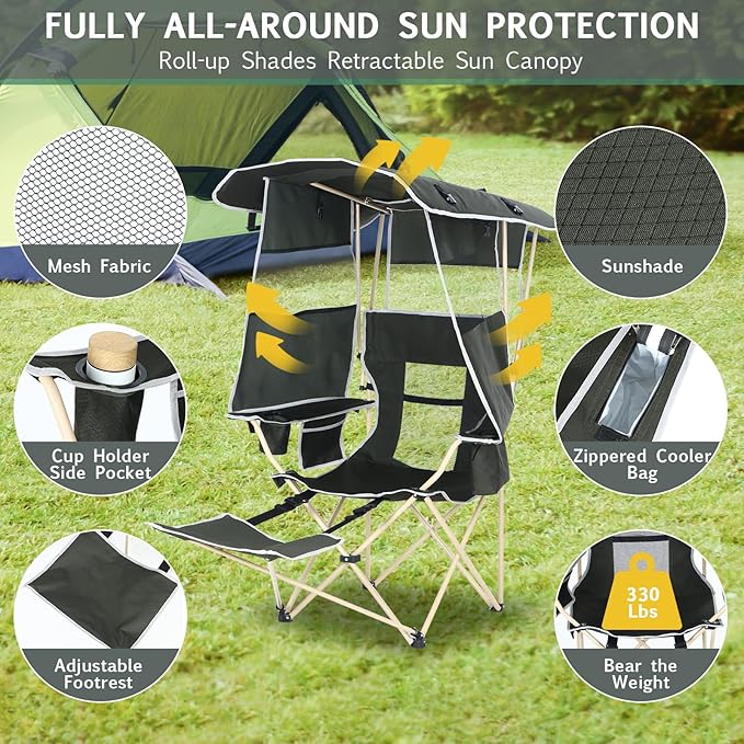 Camping Chair with Canopy Sports Chairs for Adults Canopy Chair with Removable Footrest Ice Fishing Chair with Cupholder Cooler Heavy Duty for Outdoor Activities(1 Pack)