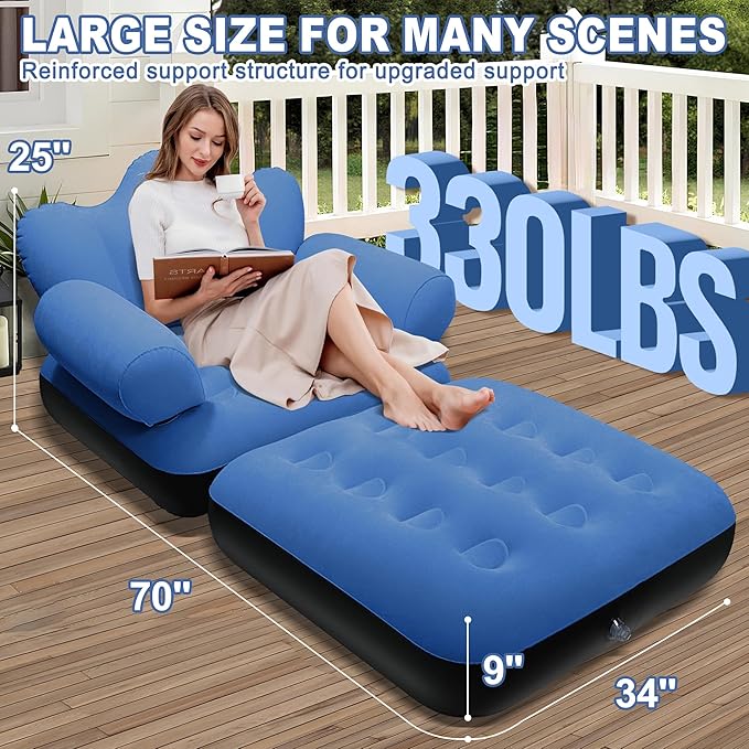 SeaSlep Blow Up Pull Out Couch with HeadboardInflatable Couch with Flocked SurfaceFolding Inflatable Chair for AdultsPortable Air Sofa BedDurable Air CouchesInflatables couches for Camping-1pc