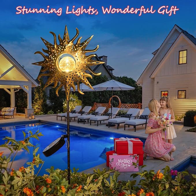HOMEIMPRO Large Sun Solar Garden Decor Lights Outdoor Garden Gifts Mom Dad Crackle Glass Metal Stake Backyard Decor Waterproof LED Lights for Lawn Patio Ornaments Mothers Day Gifts for Women