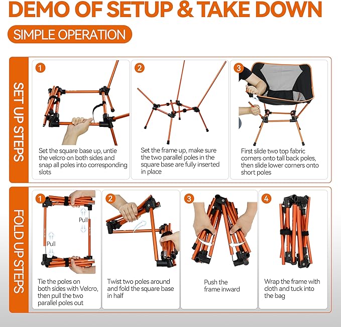 MARCHWAY Ultralight Folding Camping Chair Heavy Duty Portable Compact for Outdoor Camp Travel Beach Picnic Festival Hiking Lightweight Backpacking (Orange)