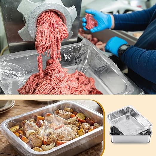 2 Pack 13 L Stainless Steel Commercial Bus Tubs and 50 Pack Plastic Meat Lug Liners Food Grade Meat Processing Tubs Lug for Dishwashing Kitchen Restaurant Utility