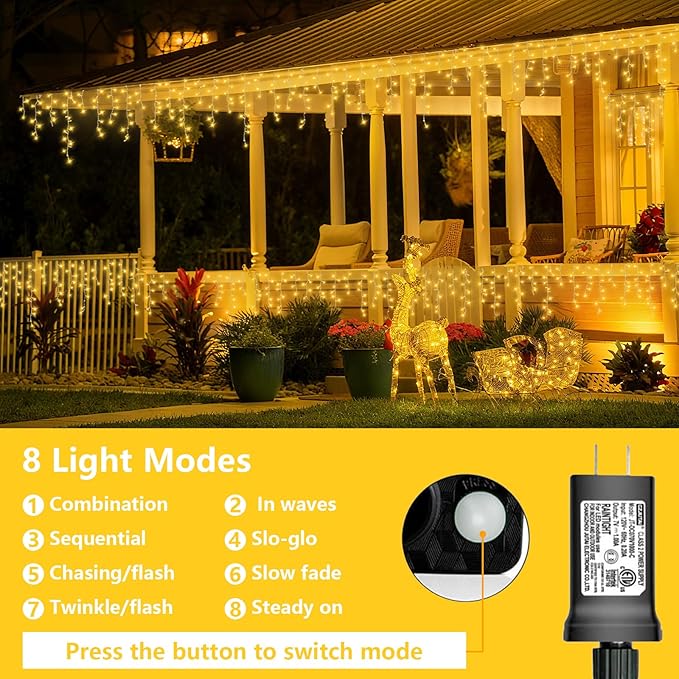 YEGUO 66ft 800 LED Icicle Lights Outdoor 160 Drops Icicle Christmas Light Connectable 8 Modes Warm White Xmas Icicle Lights with Memory Timer