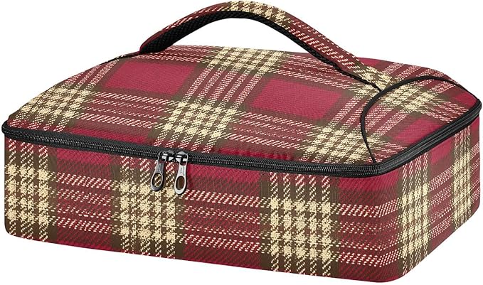 Casserole Carrier Red Plaid Insulated Casserole Carrier for Hot or Cold Food Thermal Lunch Tote for Parties Picnic Travel Carry Bag