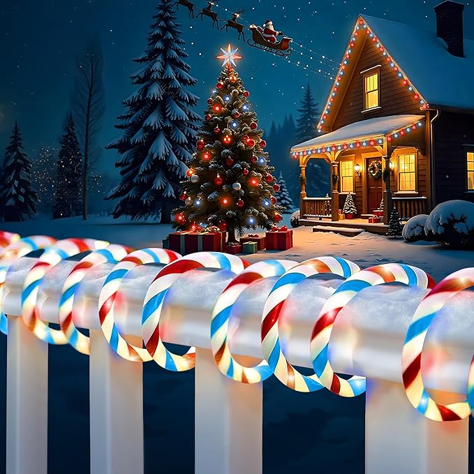 Toodour Christmas Candy Cane Lights 50ft 360 LED Candy Cane Rope Lights Outdoor with 8 Modes Connectable Timer Waterproof Red White Blue Christmas Light for Garden Patio Bedroom Party Xmas Decor