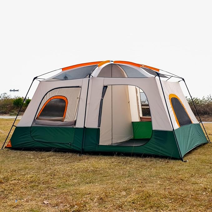KTT Large Tent 8-10-12 PersonFamily Cabin Tents2 Rooms2 Doors and 4 Windows with MeshStraight WallWaterproofDouble LayerBig Tents for OutdoorPicnicCampingFamily Gathering