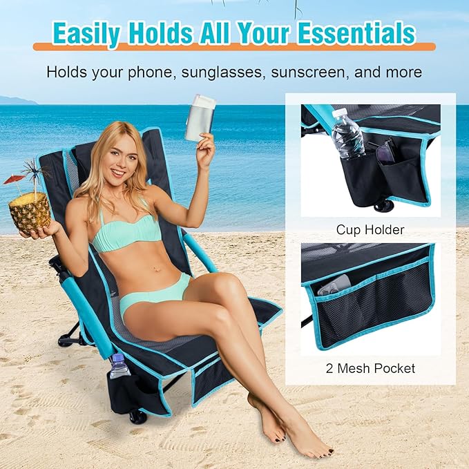 CHANGE MOORE Low Beach Chair with 2-in-1 Cooler Bag 1 Pack Support up to 300lbs Folding Beach Chairs for Adults with Cup Holder Removable Pillow &amp Carry Bag for Outdoor Sand Lawn Picnic Travel B