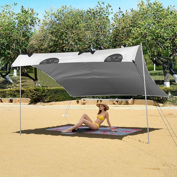 ALAZA Cat Black Kitten Beach Tent Sun Shelter UPF50+ Protection Beach Shade Canopy w/ 4 Sandbags for Outdoor Camping Fishing Backyard Fun Picnic 10x9 ft