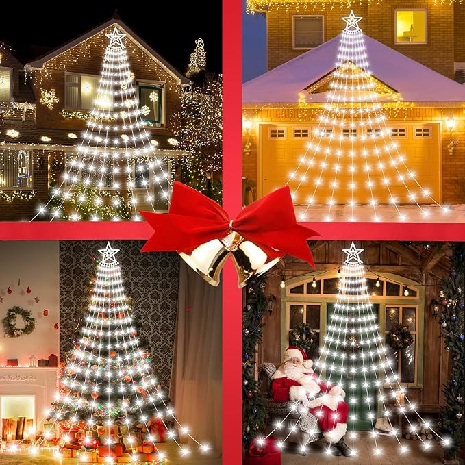 Christmas Decorations Star Lights Outdoor 11.48ft 350 LED Waterfall Tree Lights with 8 Modes Timer Remote Plug in Christmas Lights for Indoor Yard Patio Home Holiday Party Decor Pure White