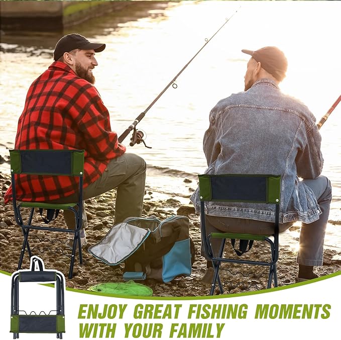 Wenqik 2 Pcs Summer Folding Fishing Chair with Rod Holder Hunting Camping Chairs for Adults Outdoor Portable Folding Chair for Men Women Ice Fishing Lawn Patio Garden Beach Gifts(Green)