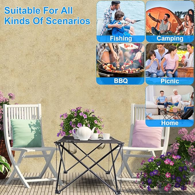 Folding Camping Side TableOutdoor Portable Camping Table W/2 Cup Holders&ampCarrying BagSteel Frame600D Oxford FabricLightweight Foldable Table for Beach Picnic Hiking Fishing