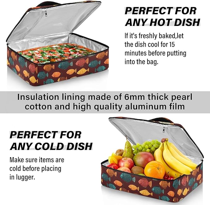 Casserole Carrier Colorful Cartoon FishInsulated Casserole Carrier for Hot or Cold Food Thermal Lunch Tote for Potluck Parties Picnic Beach Fits 9 x 13 Inches Baking Dish