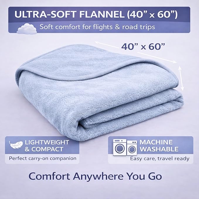 Travel Blanket Airplane Compact with Bag Ultra-Soft 40 x 60 Flannel Travel Organizer Bag with Adjustable Strap Lightweight Warmth for Long Flights