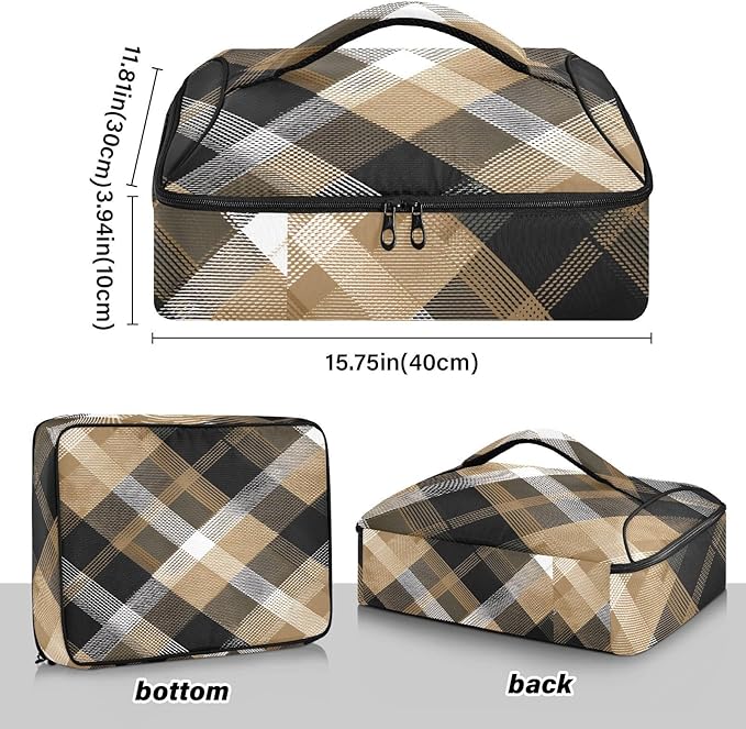 Casserole Carrier Pattern Black Brown Tartan Plaid Insulated Casserole Carrier for Hot or Cold Food Thermal Lunch Tote for Parties Picnic Travel Carry Bag