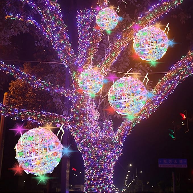 Outdoor Christmas Balls Lights Tree Lights Waterproof 4 Pack 7.87 LED Hanging Globe Sphere Lights with 8 Lighting Modes Memory Timer Plug for Party Wedding Xmas Porch Patio Garden Yard Decorations